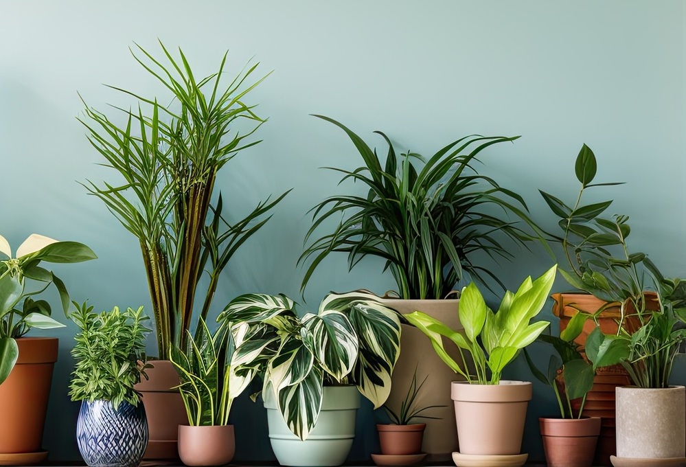 Potted house plants in a backyard garden Clean air