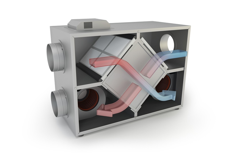 Air Recuperator with arrows, filtration and ventilation system MVHR unit
